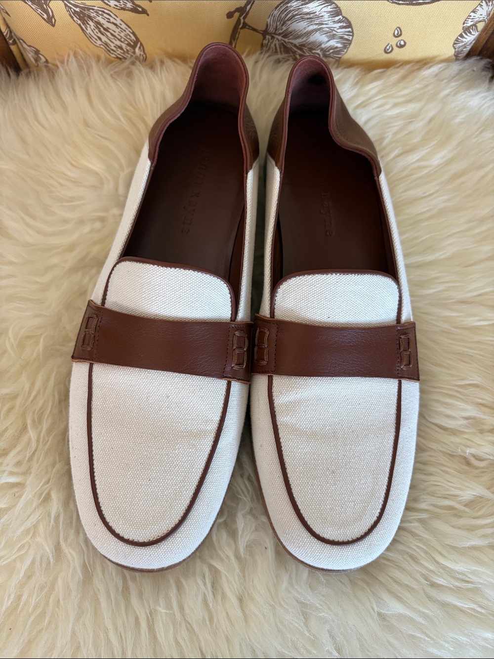 Jenny Kayne White Canvas & Brown Leather Penny Loafers
